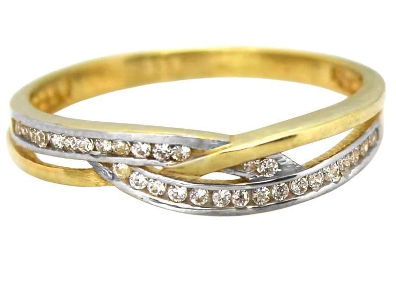 Złoty pierścionek damski wysadzany cyrkoniami z kolekcji Eternity. Elegancka biżuteria z białego i żółtego złota – idealny prezent na Walentynki lub wyjątkową okazję.1.jpg